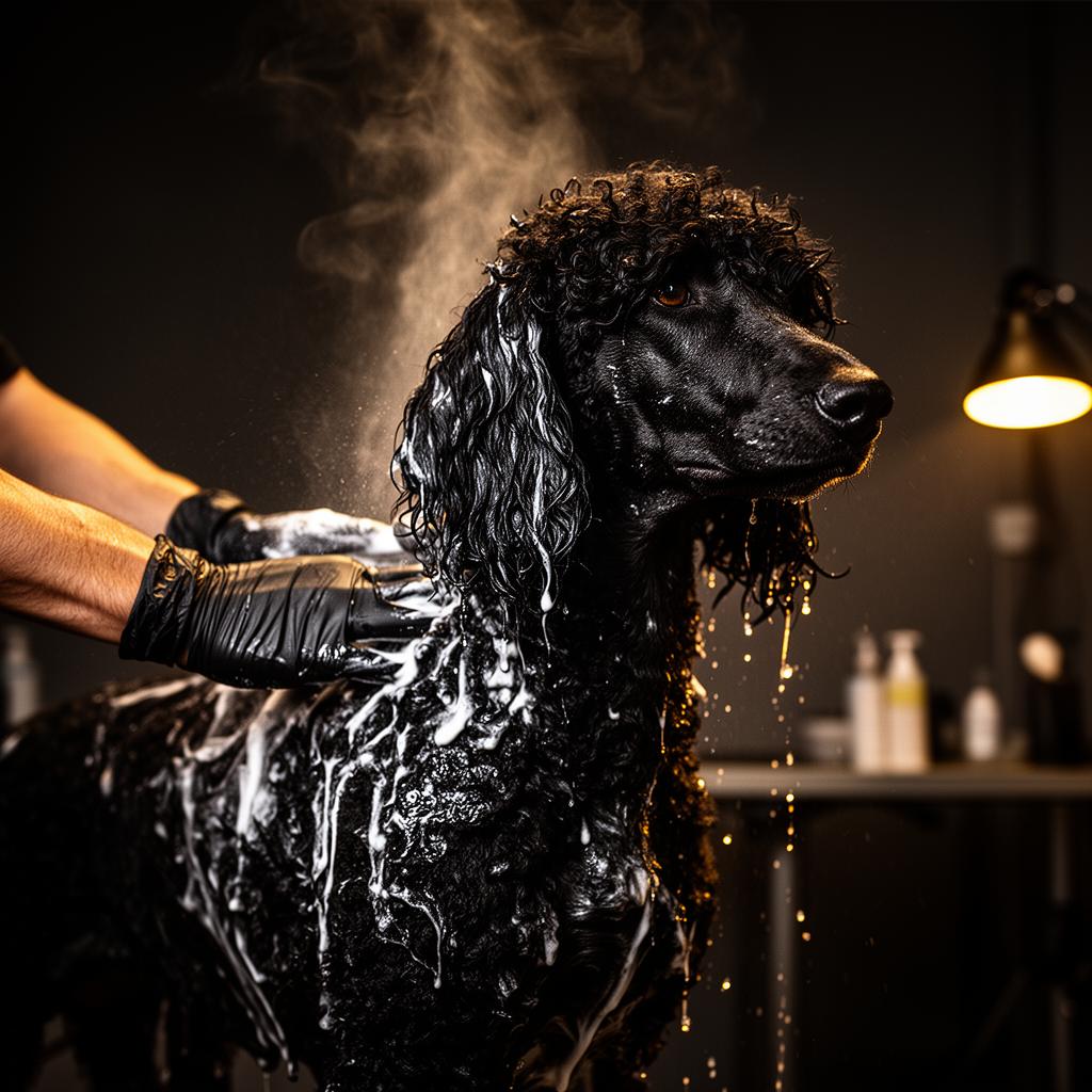 Standard poodle being conditioned with glossy coat in a luxury grooming studio