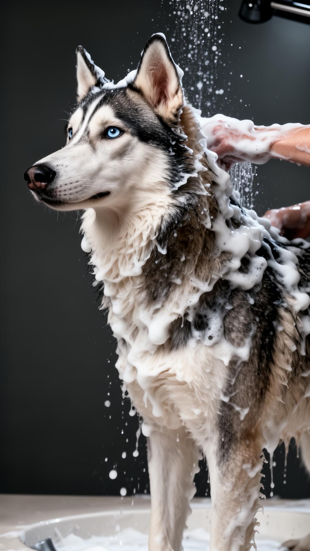 Golden retriever being lathered with rich shampoo suds during a grooming session