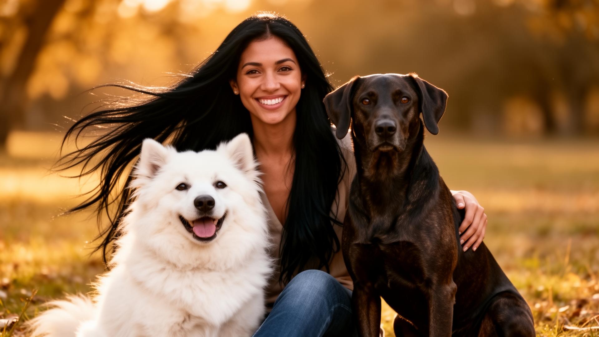 Woman with long black hair smiling outdoors with two freshly groomed dogs at golden hour