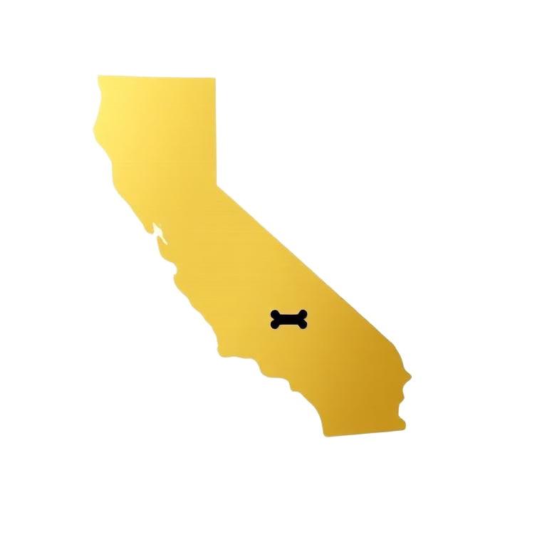 Gold silhouette of California with a black dog bone marking Malibu