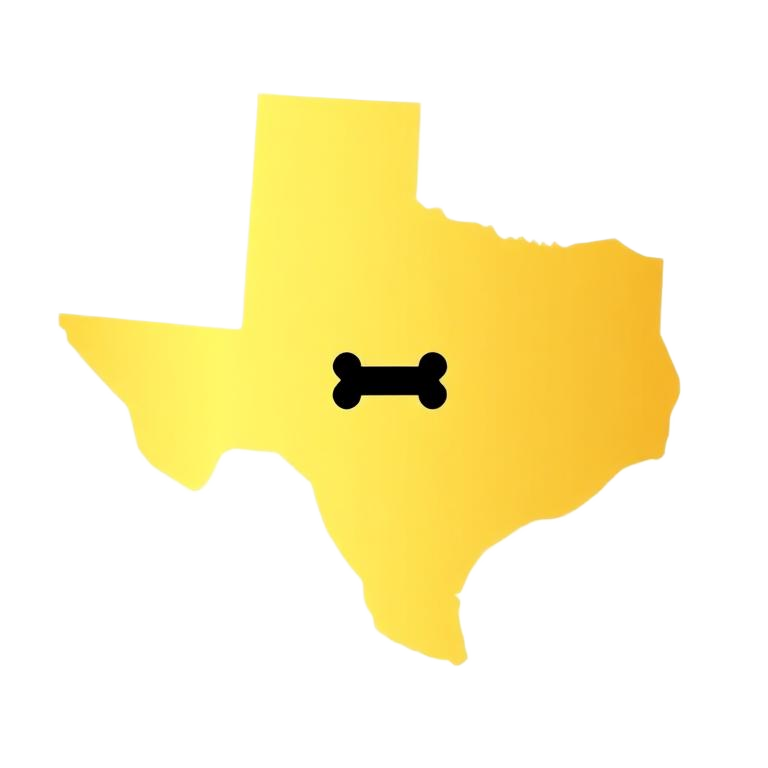 Gold silhouette of Texas with a black dog bone marking Austin